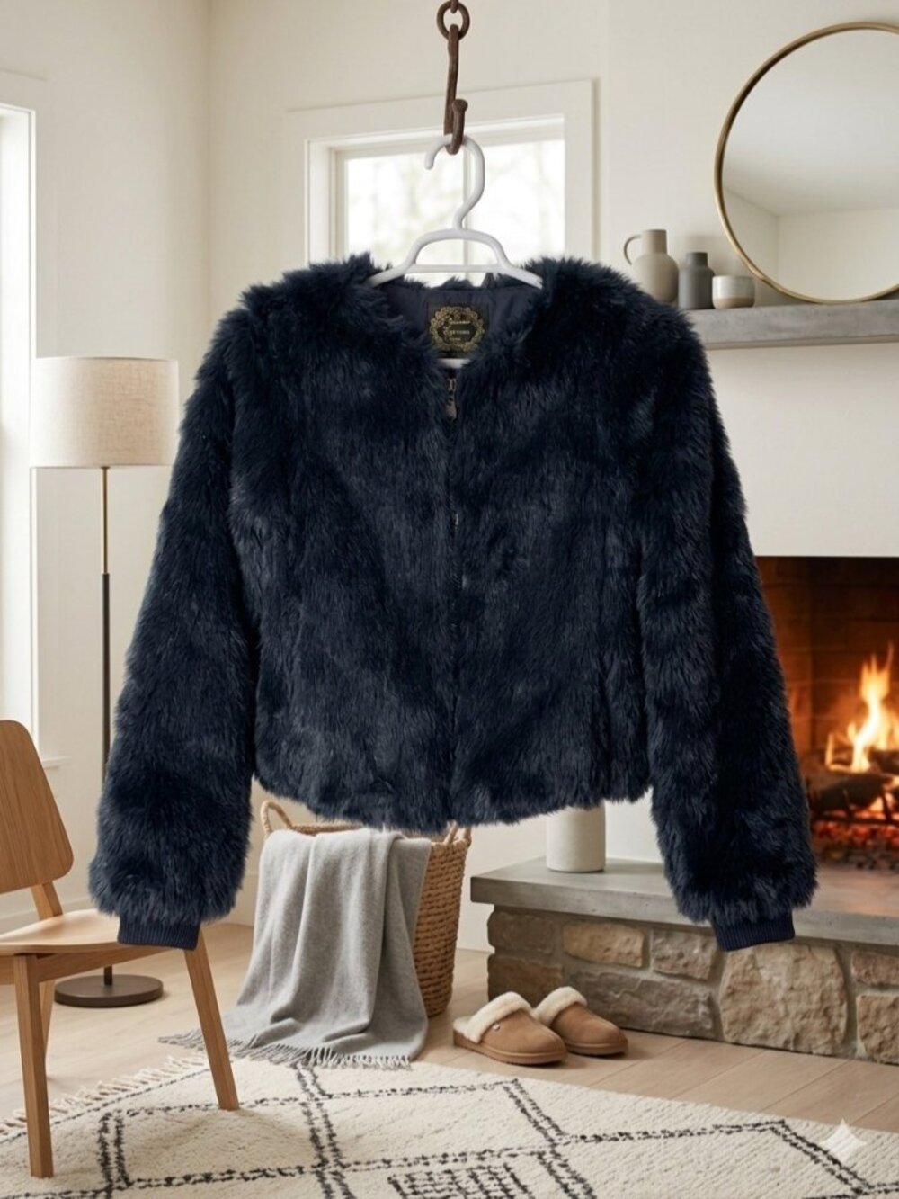 ES Heart Beat Faux Fur Womens Jacket Navy Blue Size S Cropped Bomber  Zip
